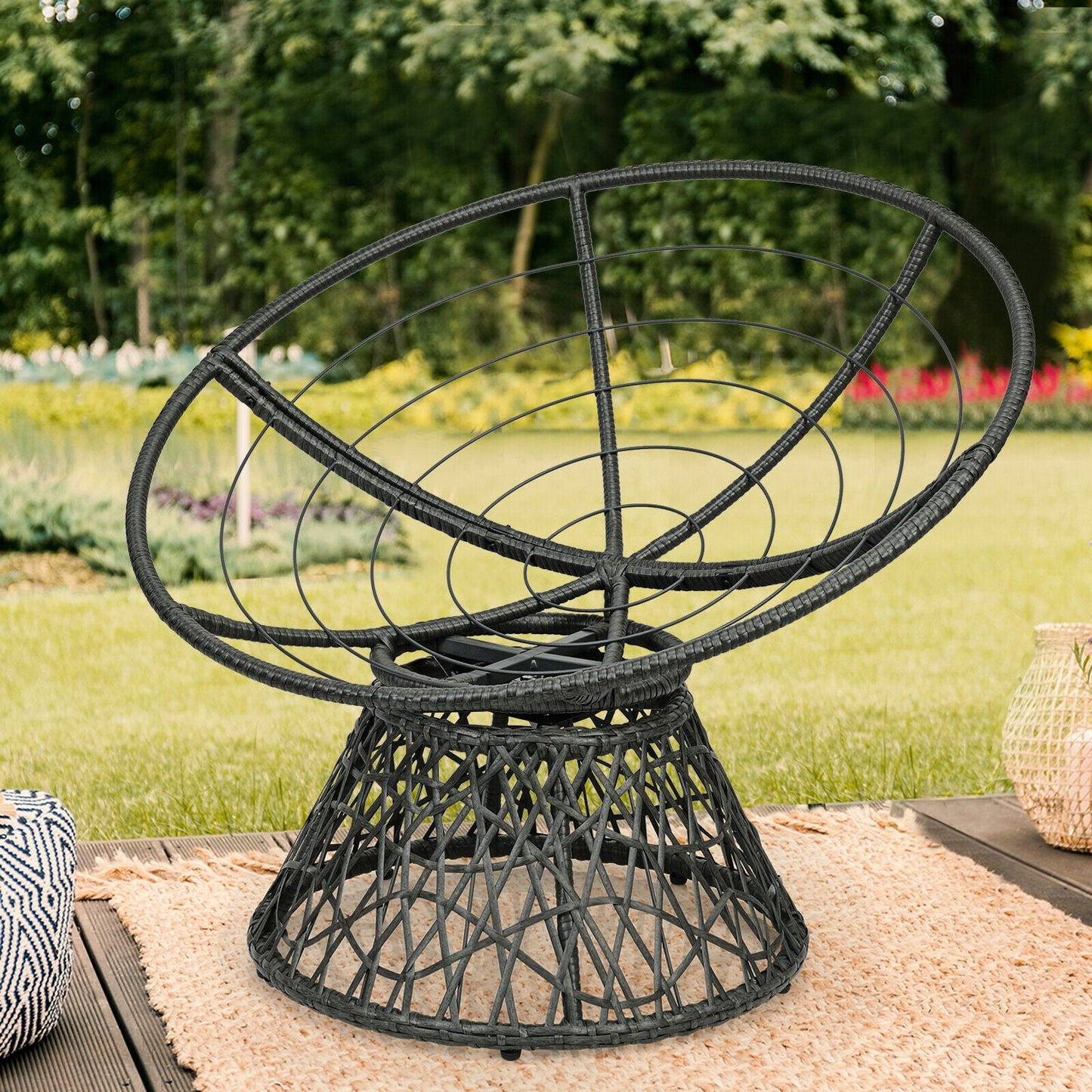Rattan Papasan Chair with 360° Swivel and Soft Cushion-Red