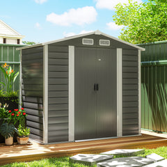 Outsunny 7 x 4ft Garden Shed, Easy to Assemble, Upgraded Galvanised Steel Frame with Foundation Kit, Double Doors with Lock, Outdoor Metal Shed with Vents and Gloves, Garden Storage Shed, Dark Grey