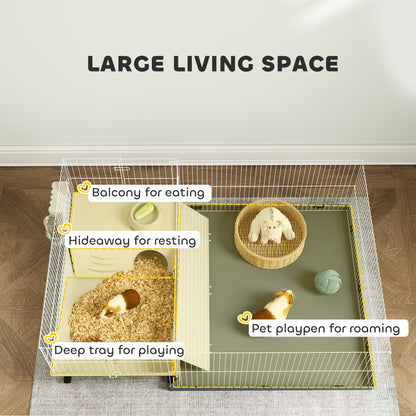 PawHut Small Animal Cage with Removable Pet Playpen, Guinea Pig Cage with Waterproof Pad, Hay Feeder, 108 x 71 x 57cm, Beige