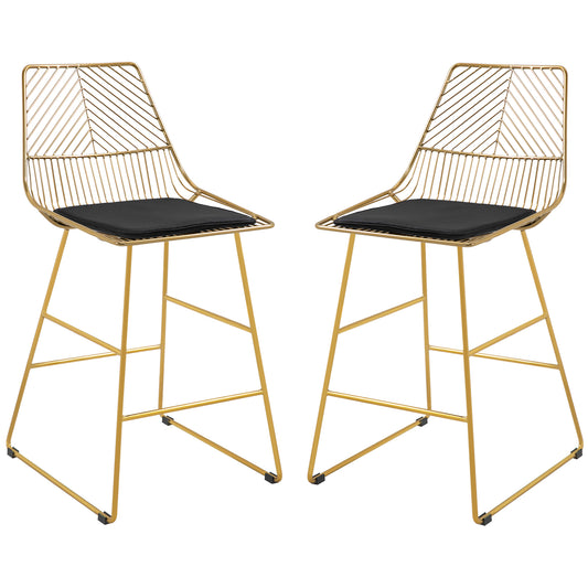 HOMCOM Set of 2 Bar Stools, Modern Counter Height Breakfast Bar Chairs with Wire Metal Frame for Kitchen, Dining Room, Gold