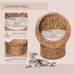 PawHut Wicker Cat Bed, Raised Rattan Cat Basket with Cylindrical Base, Soft Washable Cushion, 50 x 42 x 60 cm - Brown