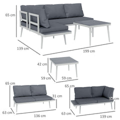 طقم أثاث حديقة مكون من 3 قطع من Outsunny مع كرسي استرخاء قابل للتعديل بخمسة مستويات، وأريكة زاوية حديقة على شكل حرف L مع وسائد، ومقعد شبكي، وطاولة خشبية ذات شرائح، ومجموعة أثاث خارجي للحديقة الشتوية، باللون الرمادي