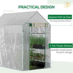 Outsunny Walk In Greenhouse with 2-Tier Shelves, Roll up Zip Panel Door, Garden Polytunnel Steeple Grow House for Outdoor, 6 x 4 x 6ft White