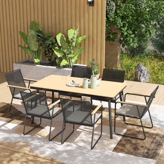 Outsunny 6 Seater Garden Dining Set with Soft Cushions, Rattan Backrest, Rectangular Plastic Top, Garden Furniture Set, Outdoor Dining Table and Chairs for Patio, Balcony, Poolside, Nature Wood Finish