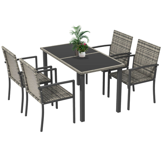 Outsunny Outdoor Dining Set 5 Pieces Patio Conservatory with Tempered Glass Tabletop,4 Dining Chairs - Mixed Grey