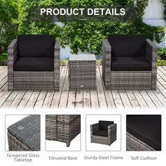 Outsunny 3 Pieces Rattan Bistro Set, Wicker Garden Furniture Set with Glass Top Coffee Table and Chairs, Thickened Washable Cushions for Outdoor, Patio, Balcony, Grey