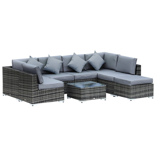 Outsunny 8 Pieces PE Rattan Corner Sofa Set with Thick Cushions, Aluminium Outdoor Rattan Garden Furniture Set with Glass Top Table, No Assembly Required, Grey