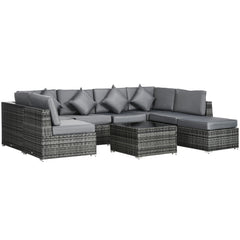 Outsunny 8 Pieces PE Rattan Corner Sofa Set, Outdoor Garden Furniture Set, Patio Wicker Sofa Seater w/ Cushion, Washable Cushion Cover & Tempered Glass Table, Grey