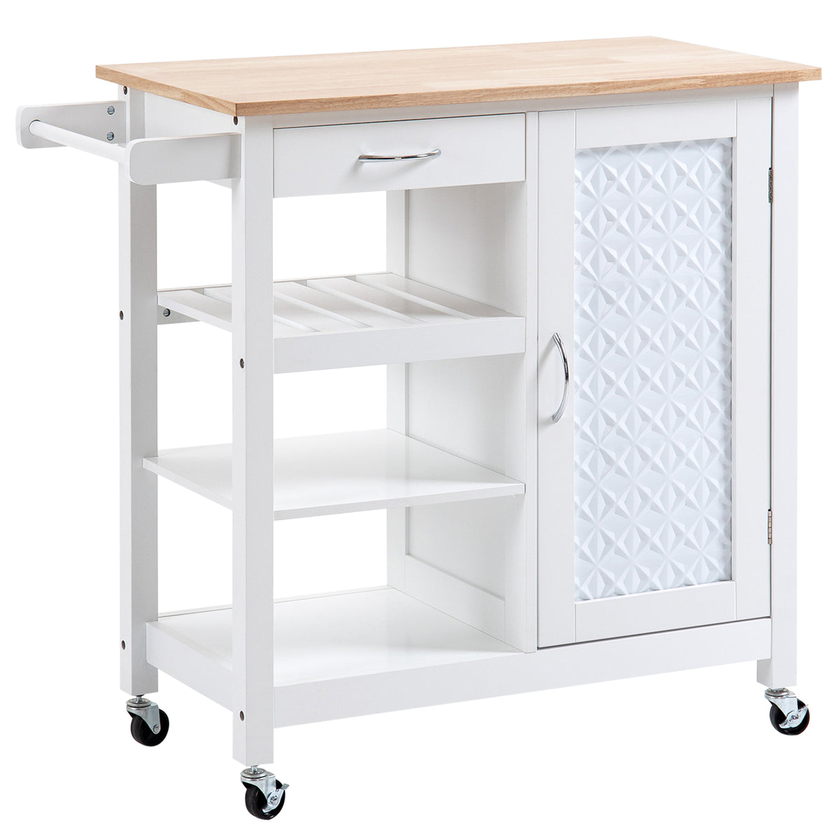 HOMCOM Kitchen Trolley, Kitchen Island on Wheels with Embossed Door Panel, Utility Kitchen Cart with 3 Storage Shelves, White