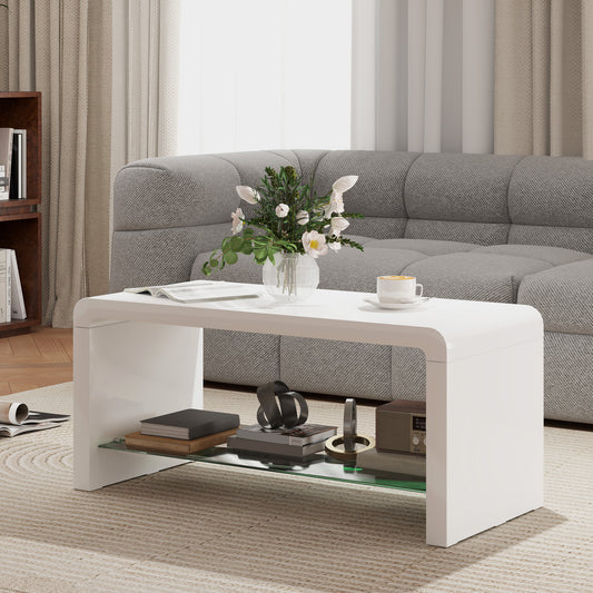 HOMCOM Curved Two-Tier Coffee Table - High Gloss White