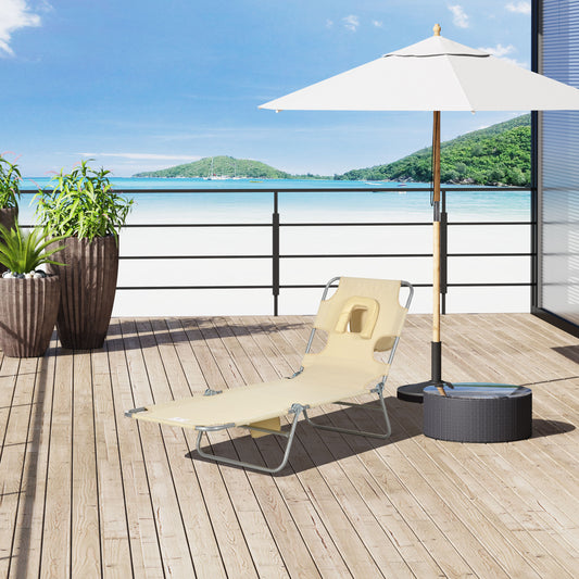 Outsunny Foldable Sun Lounger, Beach Chaise Lounge with Reading Hole, Arm Slots, 5-Position Adjustable Backrest, Side Pocket, Pillow for Garden, Beach, Pool, Beige