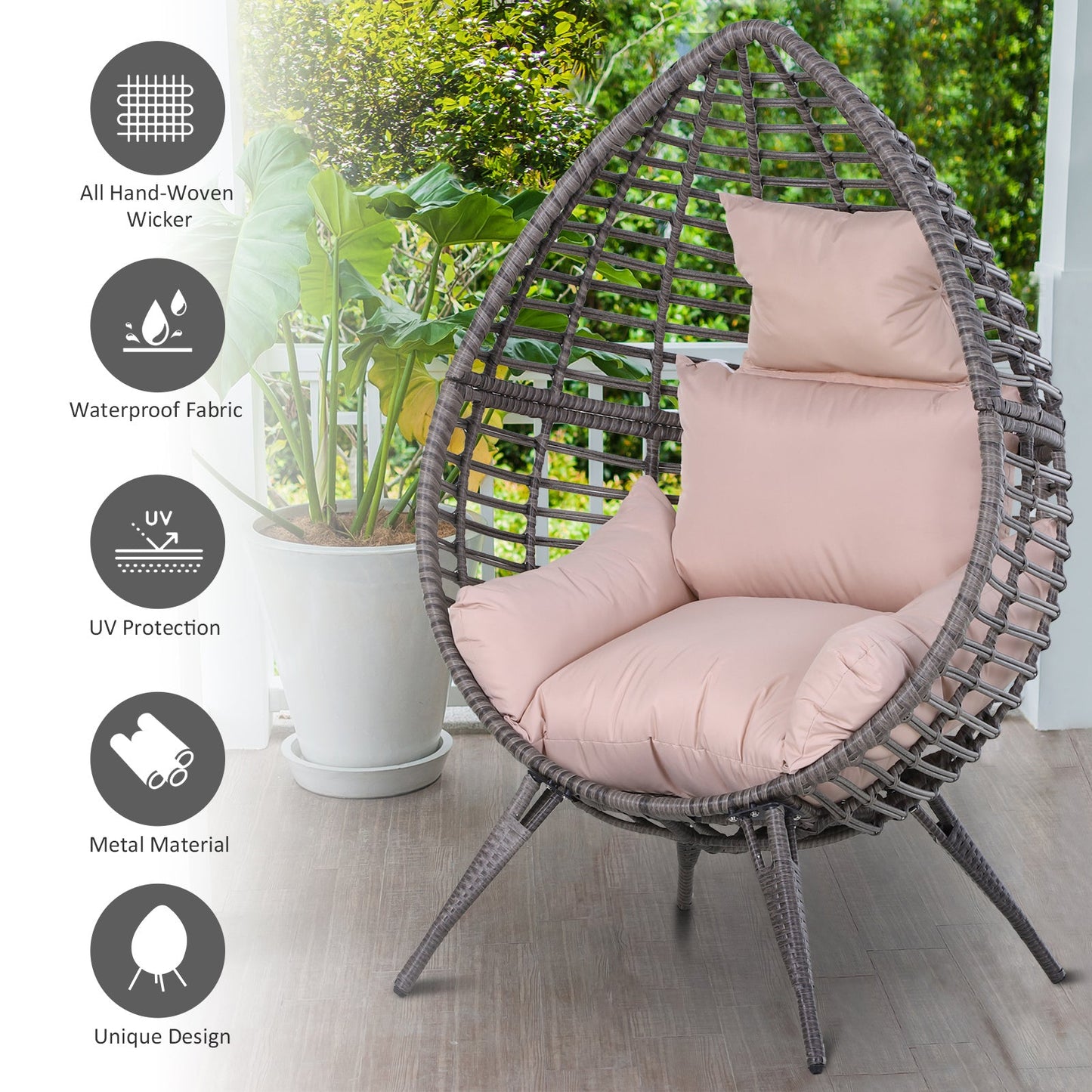 Outsunny Outdoor Egg Chair, PE Rattan Teardrop Chair with Full-body Soft Padded Cushion, Grey