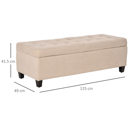 HOMCOM Linen Storage Ottoman, End of Bed Bench, Padded Footrest Seat with Tufting Design, Hinged Lid and Wood Frame 125L x 49W x 41.5H cm Beige