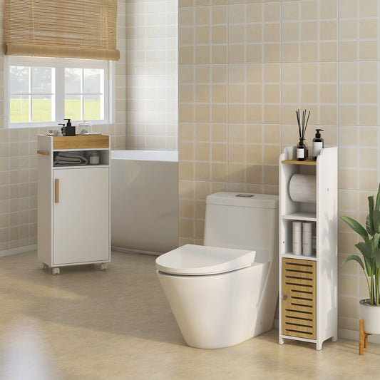 kleankin Scandinavian-Style Bathroom Cabinet, with Removable Top Tray - White/Wood Effect