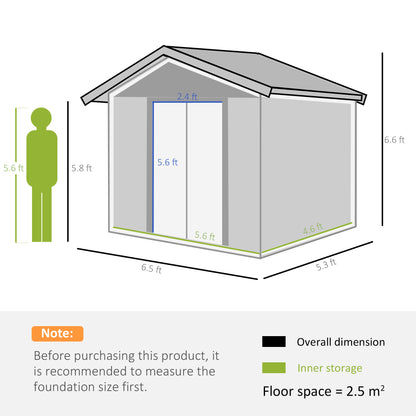 Outsunny 6.5 x 5ft Metal Garden Shed, House Hut Gardening Tool Storage with Ventilations, Sliding Door, Sloped Roof and Foundation Kit for Garden, Patio, Brown