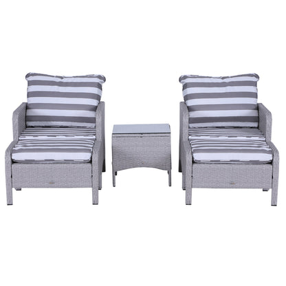 Outsunny 5 Pieces PE Rattan Garden Furniture Set with 10cm Thick Padded Cushions, Wicker Weave Outdoor Seating Chairs with 2 Armchairs, 2 Stools, Glass Top Table, Grey and White