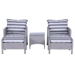 Outsunny 5 Pieces PE Rattan Garden Furniture Set with 10cm Thick Padded Cushions, Wicker Weave Outdoor Seating Chairs with 2 Armchairs, 2 Stools, Glass Top Table, Grey and White