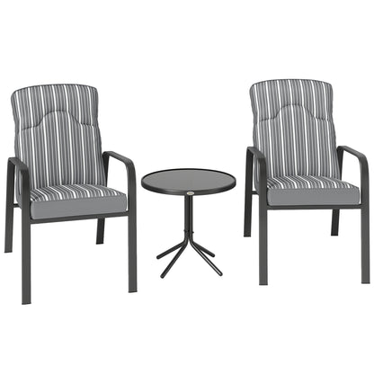 Outsunny 3-Piece Patio Bistro Set, 5-Position Adjustable Recliner Garden Chairs and Tempered Glass Table, Garden Furniture Set with Cushions, High Back, Armrests, Metal Frame for Balcony Patio, Grey