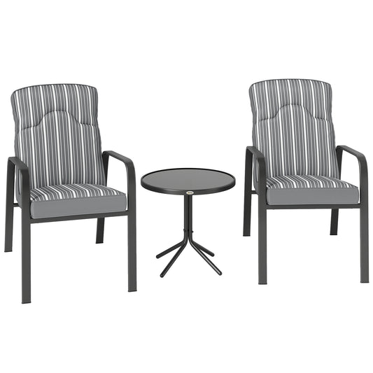 Outsunny 3-Piece Patio Bistro Set, 5-Position Adjustable Recliner Garden Chairs and Tempered Glass Table, Garden Furniture Set with Cushions, High Back, Armrests, Metal Frame for Balcony Patio, Grey