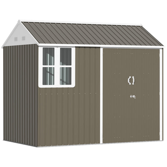 Outsunny 8 x 6 ft Galvanised Garden Shed, Outsoor Metal Storage Shed with Double Doors Window Air Vents for Patio, Lawn, Grey