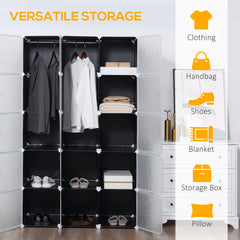 HOMCOM Portable Wardrobe for Bedroom, 15 Cube Closet with Hanging Rail, Modular Storage Cabinet, Plastic Armoire for Space Saving, White and Black