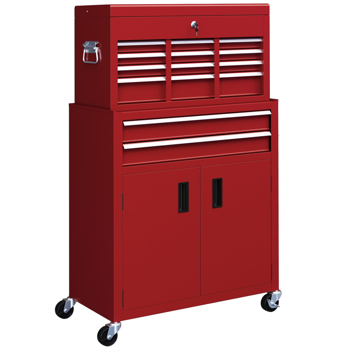 HOMCOM Portable Tool Box, Metal Tool Chest on Wheels with 6 Drawers for Garage and Workshop, Red