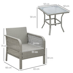 Outsunny 3 Pieces Rattan Bistro Set with Glass Top Coffee Table, Chairs and Cushions for Outdoor, Patio, Balcony, Grey