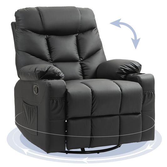 HOMCOM Manual Reclining Chair, Recliner Armchair with Swivel, Faux Leather, Footrest, Cup Holders, 86x93x102cm, Black