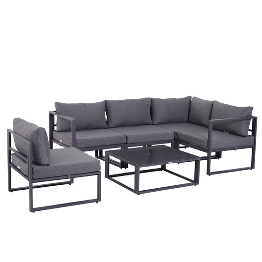 Outsunny 6 PCs Outdoor Indoor Sectional Corner Sofa Set Thick Padded Cushions Aluminium Frame 5 Seaters 1 Coffee Table Grey