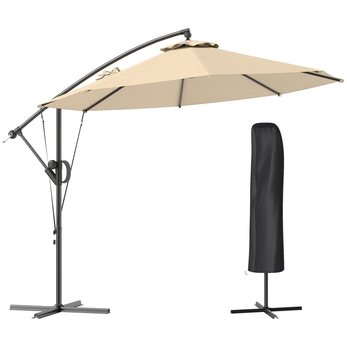 Outsunny 3(m) Garden Cantilever Parasol with Cover and Wind Protection Strap, Round Overhanging Umbrella with Crank Handle and Tilt, Banana Patio Umbrella for Outdoor Sun Shade, UPF50+, Khaki