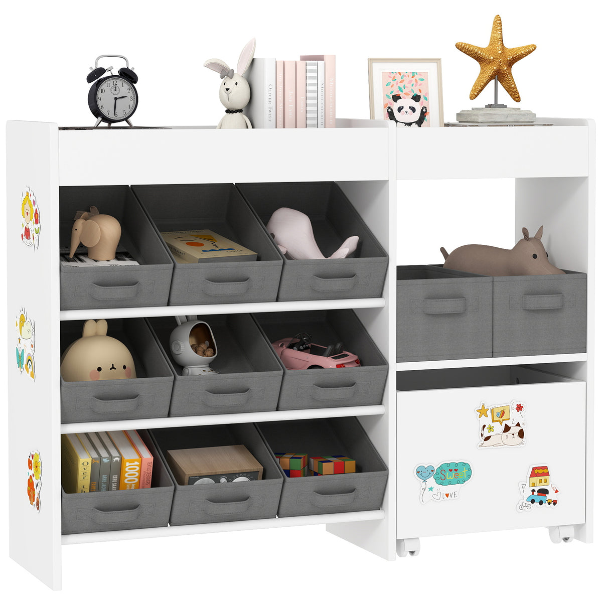 AIYAPLAY Kids Toy Storage Unit with 11 Bins, Cabinet, Top Shelves, 3 Stickers, for Nursery, Playroom, White