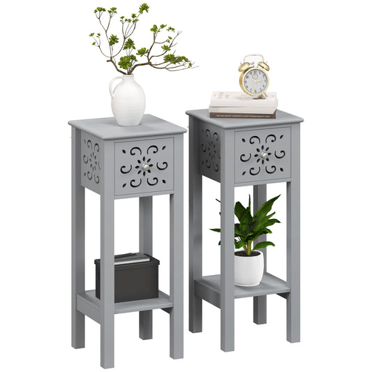 HOMCOM Set of Two Elegant Floral Cut-Out Side Tables - Grey