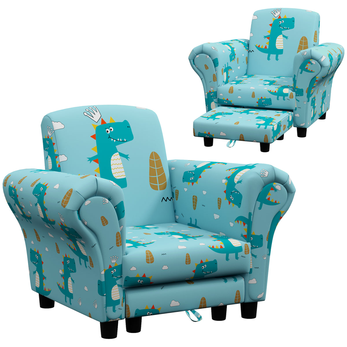 AIYAPLAY 2 Piece Kids Sofa Set with Dinosaur Design, Wooden Frame, for 1.5-3 Years Old, Blue