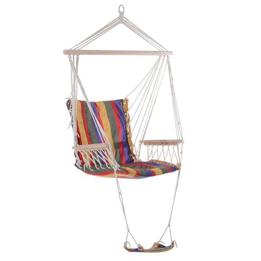 Outsunny Hanging Rope Chair with Soft Padded Seat & Backrest, Portable Garden Hammoc Chair with Wooden Support Bar, Armrests, Cotton Cloth, Footrest, for Patio & Tree, Red