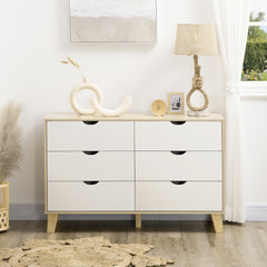 HOMCOM Bedroom Chest of Drawers, Wide 6-Drawer Dresser, Storage Drawer Unit with Wood Legs for Living Room, White and Light Brown