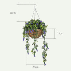 HOMCOM Set of 2 Decorative Artificial Plants, Faux Silk Lavender Flowers in Hanging Baskets, Fake Plants for Home Indoor Outdoor Decor, Purple