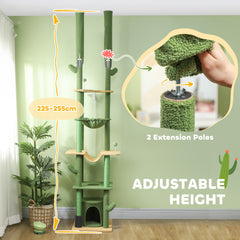 PawHut 225-255cm Adjustable Floor to Ceiling Cat Tree, Tall Cat Tower for Indoor Cats w/ Scratching Posts, Green