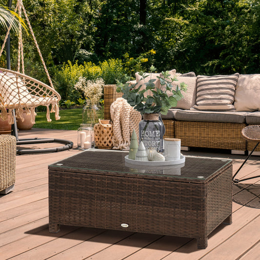 Outsunny PE Rattan Garden Coffee Table with Glass Table Top - Brown