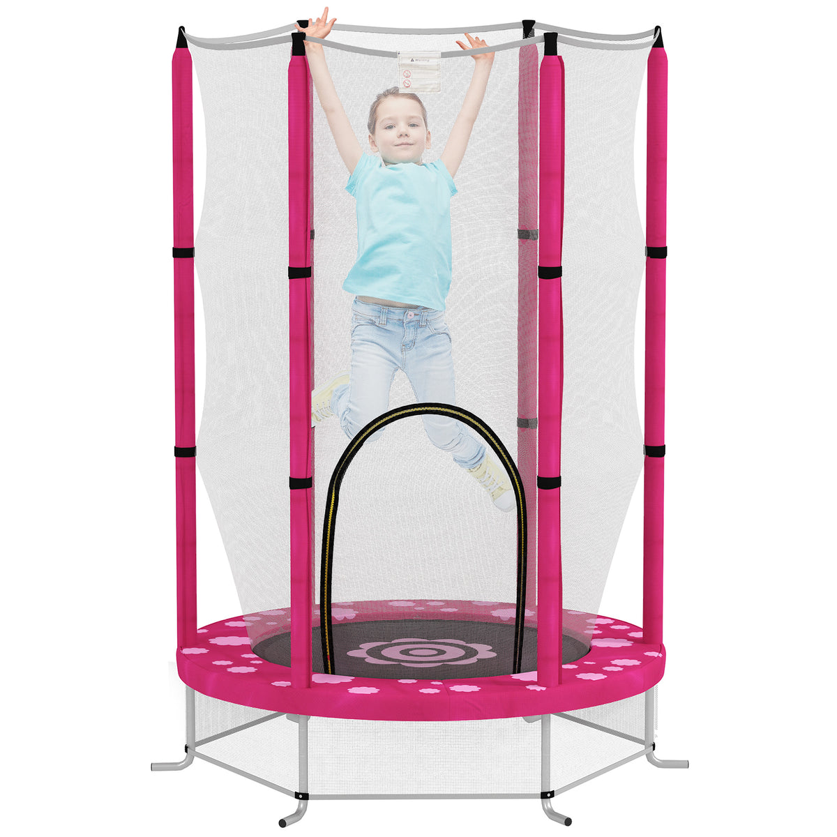 AIYAPLAY 4.6FT Toddler Trampoline w/ Safety Enclosure Net, for Indoor Outdoor Use, Ages 3-6 Years, Sun Pattern - Pink