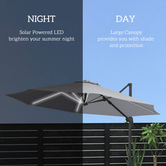 Outsunny 3(m) Adjustable Cantilever Parasol with Base, Solar LED Lights, Light Grey