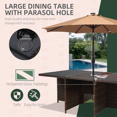 Outsunny 10 Seater Rattan Cube Garden Furniture Set with Parasol Hole, Rattan Dining Set with Cushions, Outdoor Dining Table and Chairs with Rectangular Glass Top Table for Patio, Mixed Brown