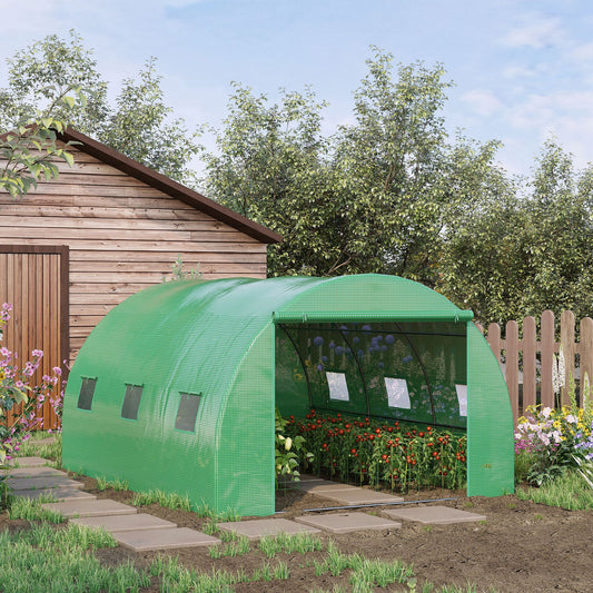 Outsunny Walk-in Polytunnel Greenhouse, Outdoor Garden Tunnel Greenhouse Tent with Zipped Roll-Up Door and 6 Mesh Windows, 4 x 3M