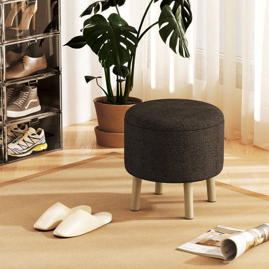 HOMCOM Round Ottoman Stool with Storage, Linen Fabric Upholstered Foot Stool with Padded Seat, Hidden Space and Wood Legs