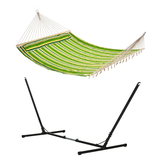 Outsunny Outdoor Garden Hammock with Stand, Double Cotton Hammock with Adjustable Steel Frame, Swing Hanging Bed with Pillow, for Garden, Patio, Beach, Green Stripes