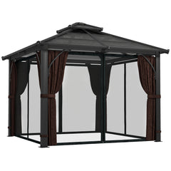 Outsunny 3 x 3(m) Hardtop Gazebo Canopy with 7mm Double Polycarbonate Roof, Garden Gazebo Permanent Pavilion with Mosquito Netting and Curtains for Patio, Deck, Brown