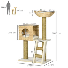 PawHut Cat Tree, with Scratching Posts, Bed, Cat House - Natural Finish