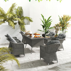 Outsunny 6 Seater Rattan Dining Set with Seat and Back Cushions, PE Rattan Garden Furniture Set, Outdoor Dining Table and Chairs, Rectangular Glass Top Table with Umbrella Hole, Light Grey