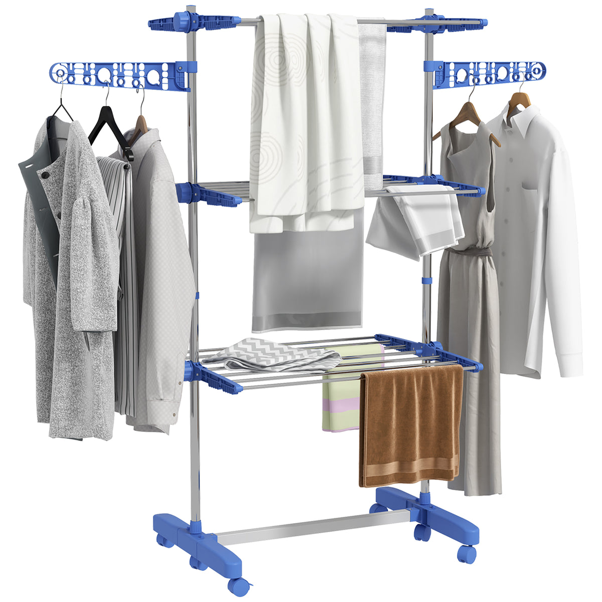 HOMCOM Three-Shelf Collapsing Clothes Horse, With Side Arms and Wheels - Blue