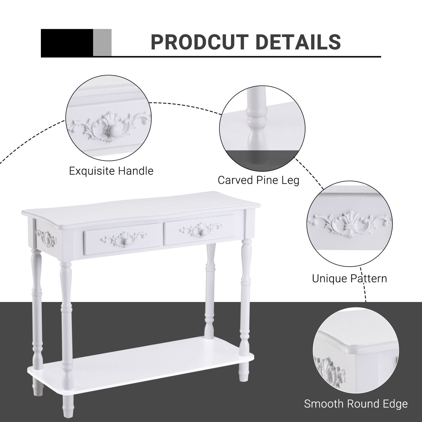 HOMCOM Console Table Modern Sofa Side Desk with Storage Shelves Drawers for Living Room Entryway Bedroom White