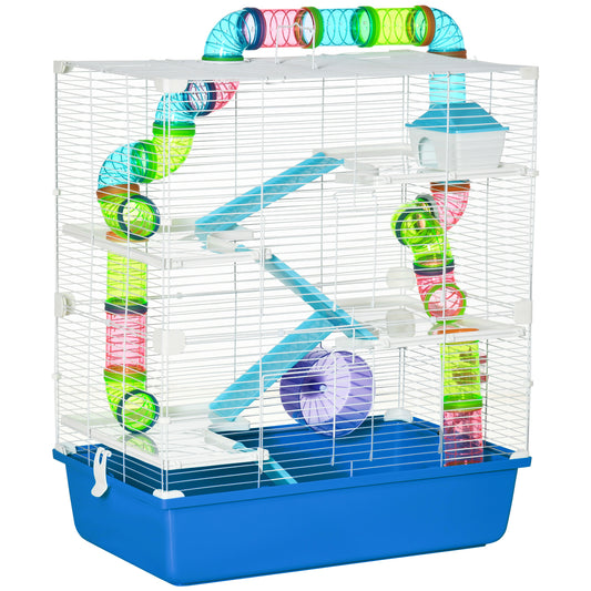 PawHut 5 Tier Hamster Cage, Gerbil Cage with Tube, Water Bottle, Exercise Wheel, Food Dish, 59L x 36W x 69H cm - Blue